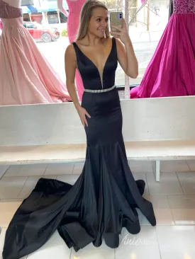 Black Satin Mermaid Prom Dresses Plunging V-Neck Beaded Belt FD2691