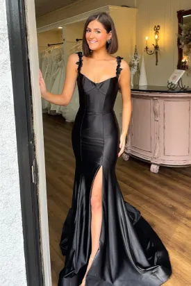 Black Satin Straps Mermaid Long Prom Dress with Slit,DP1176