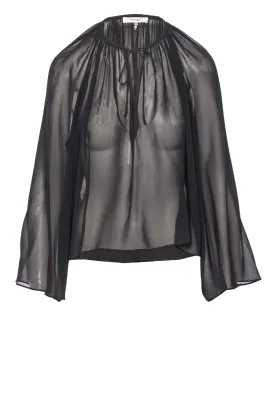 Black Sheer V Neck Shirred Blouse