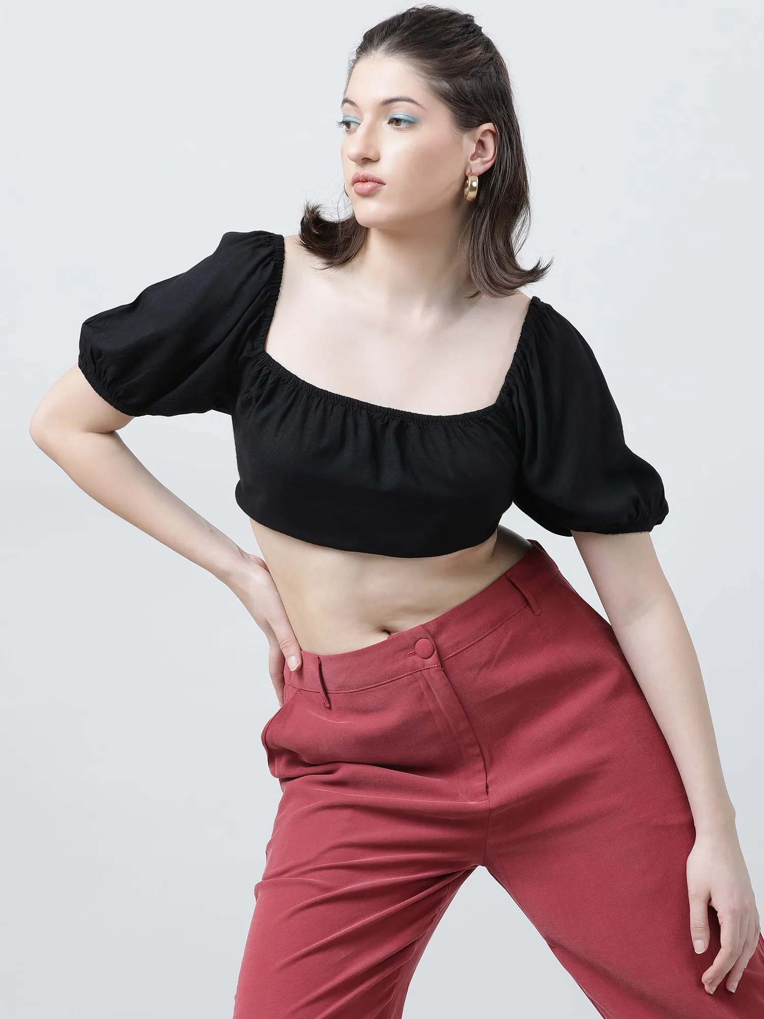 Black Solid Crop Top with Back Tie Up