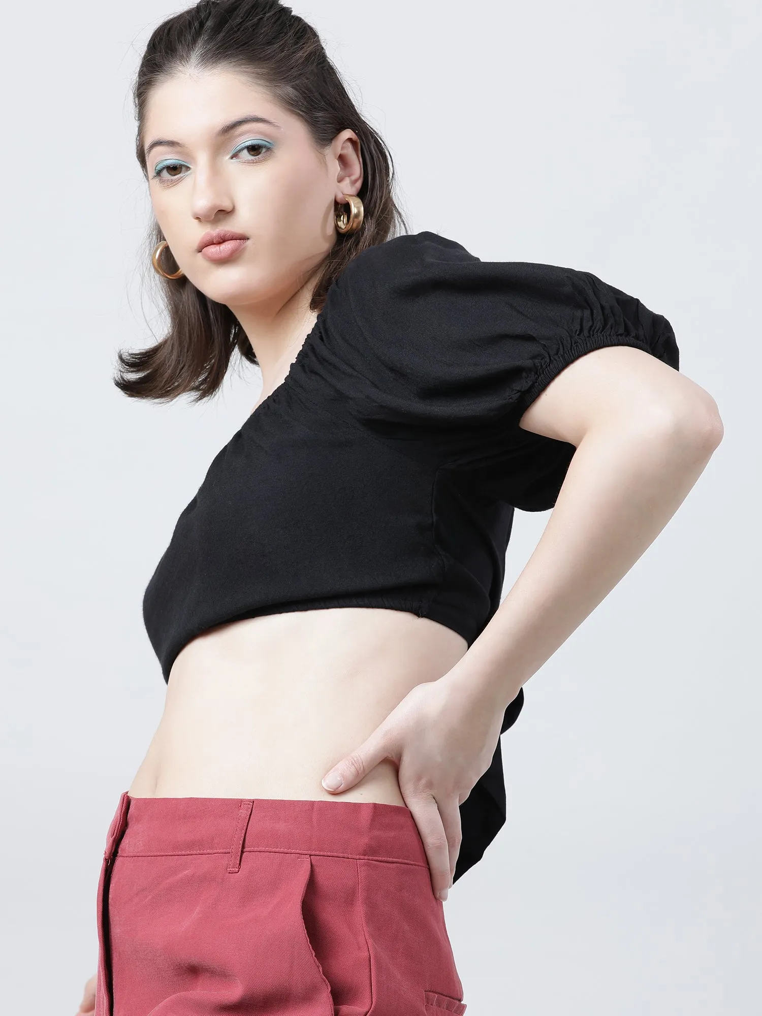 Black Solid Crop Top with Back Tie Up