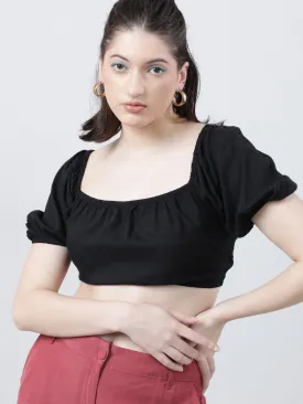 Black Solid Crop Top with Back Tie Up