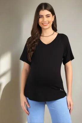 Black Solid Nursing Top with Side Zip Access