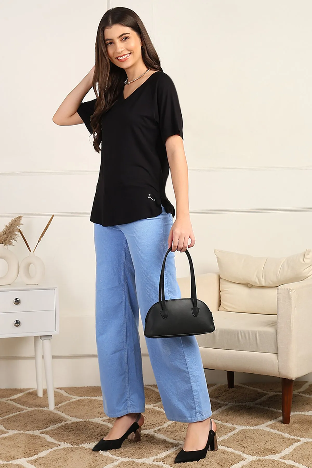 Black Solid Nursing Top with Side Zip Access