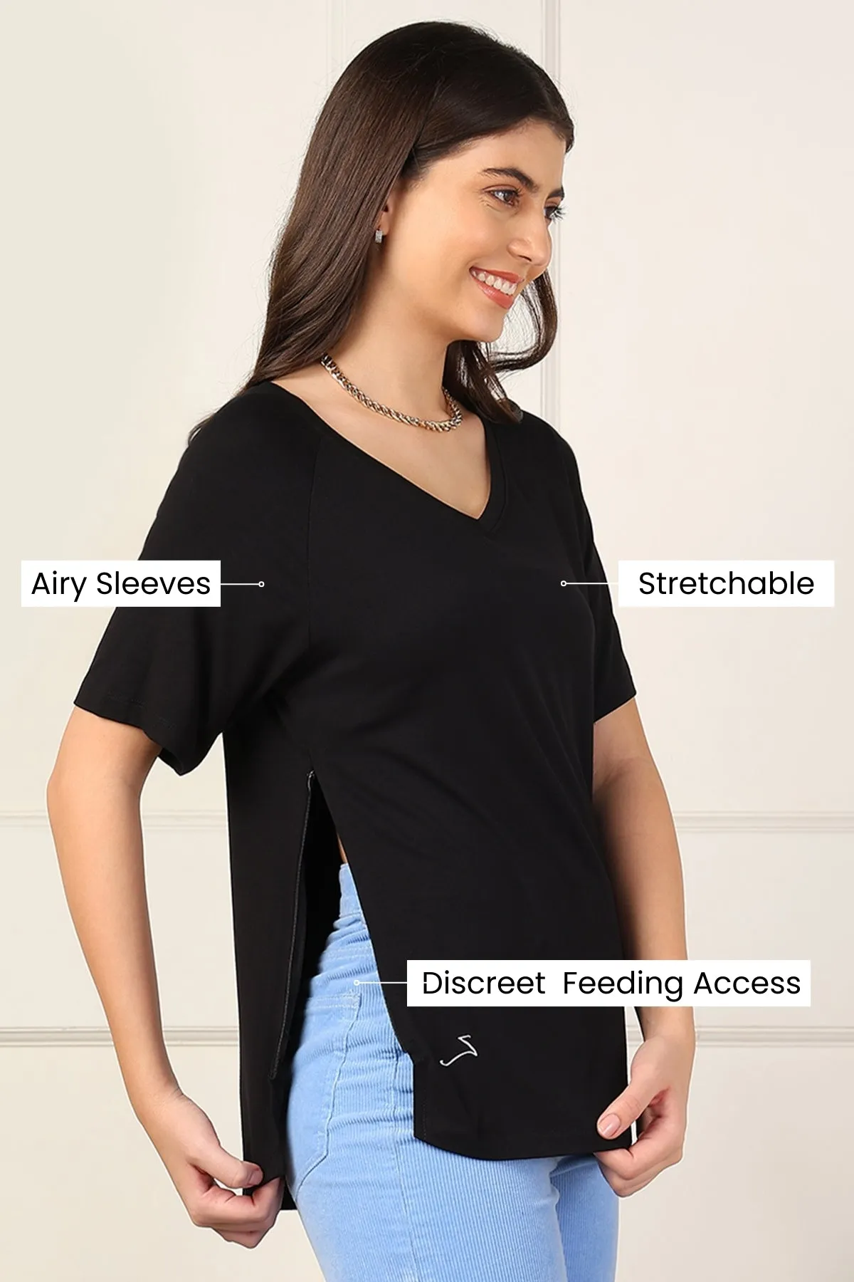 Black Solid Nursing Top with Side Zip Access