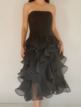 Black Strapless Ruffles Classy Evening Party Dress, DP2597