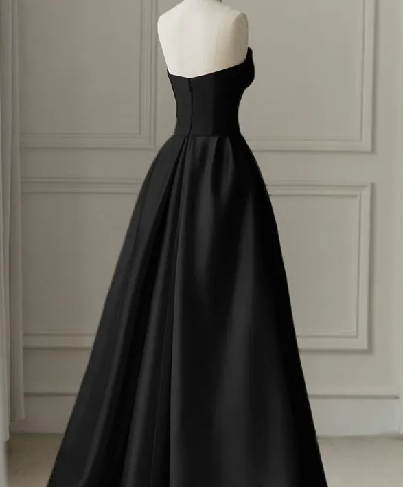 Black Strapless Satin Tulle A-Line Long Formal Prom Dress, DP2818