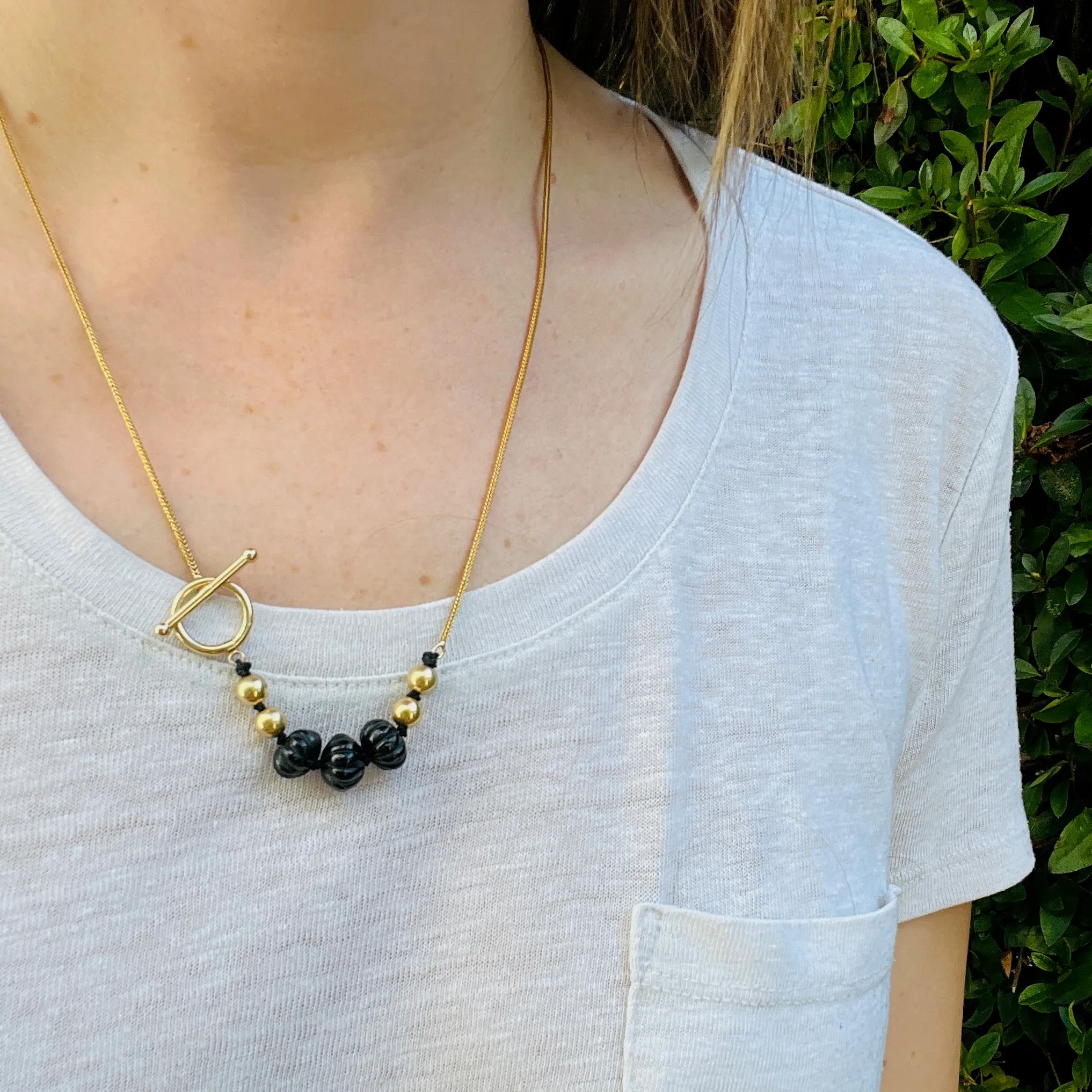 Black Tourmaline & Gold Beaded Necklace by Ancient Influences