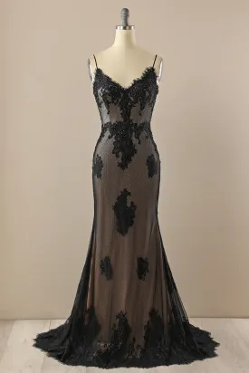 Black V Neck Appliques Beading Mermaid Formal Prom Dress,DP1520