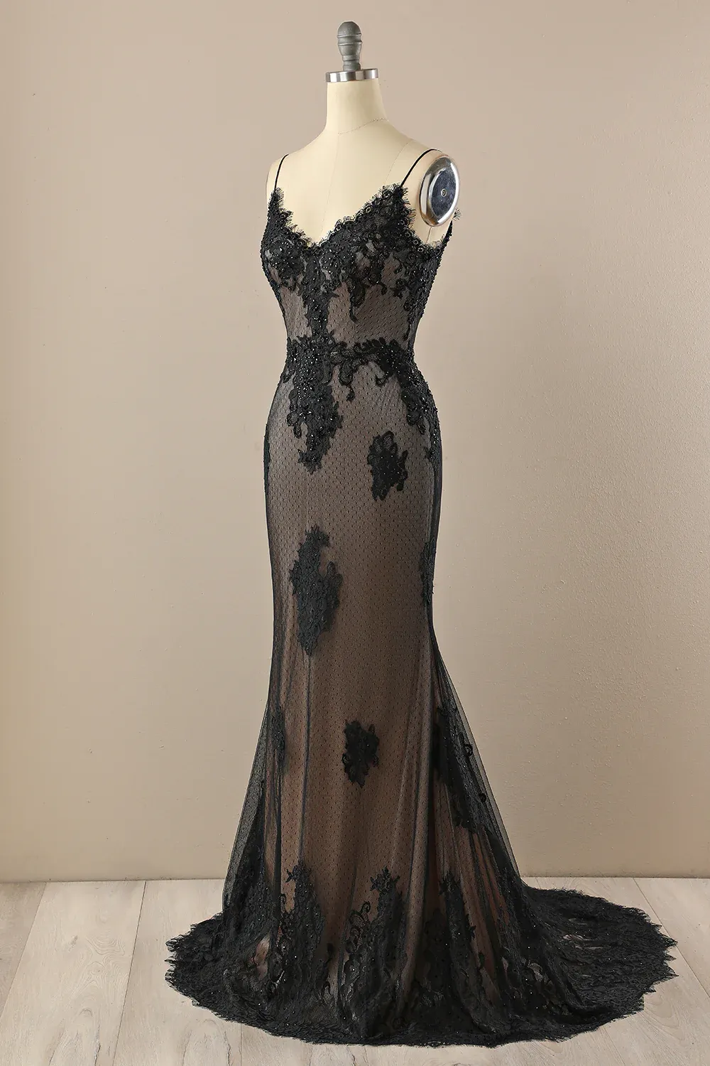 Black V Neck Appliques Beading Mermaid Formal Prom Dress,DP1520