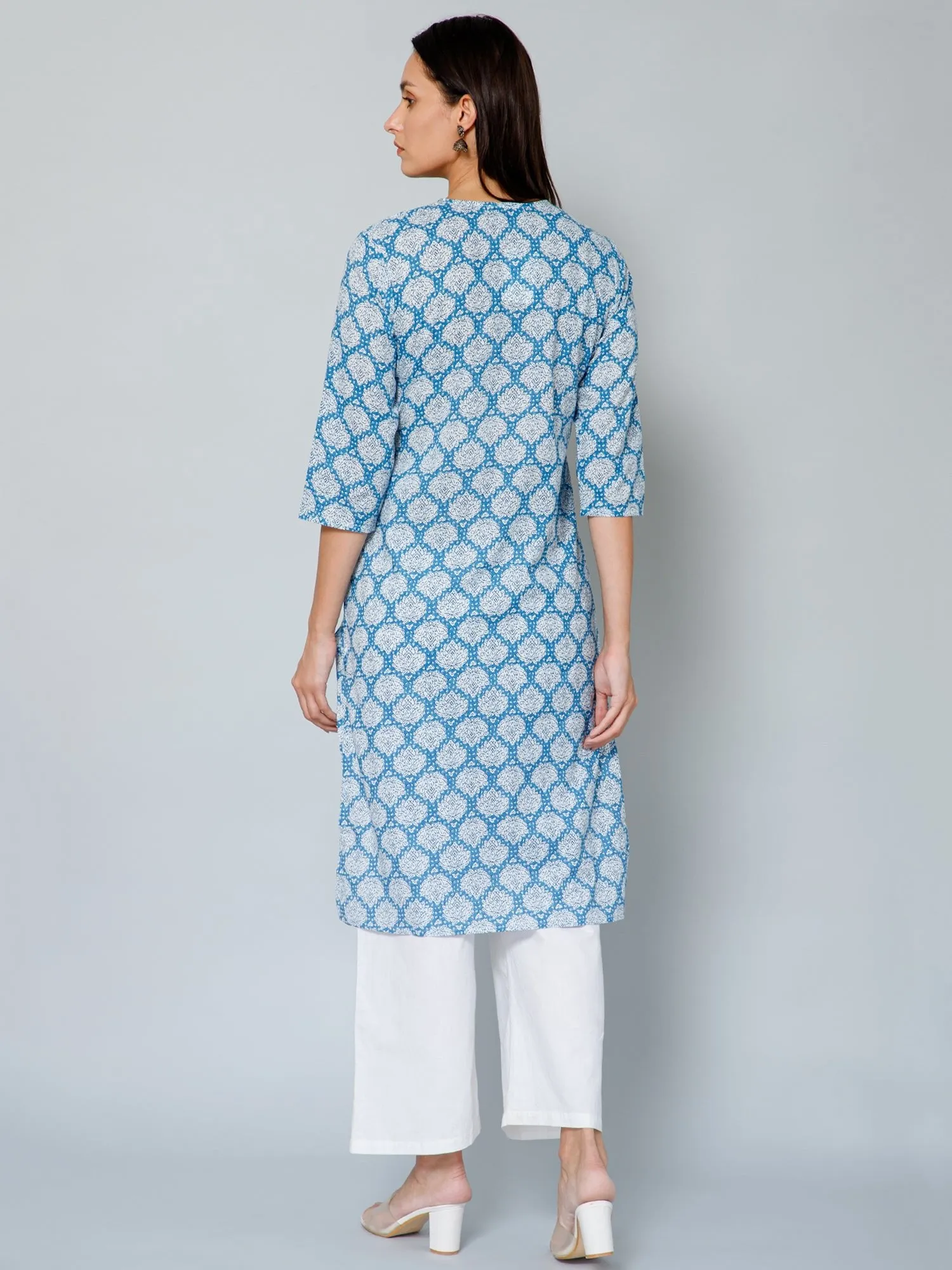 Blue and White Embroidery & Sequins Maternity Kurti