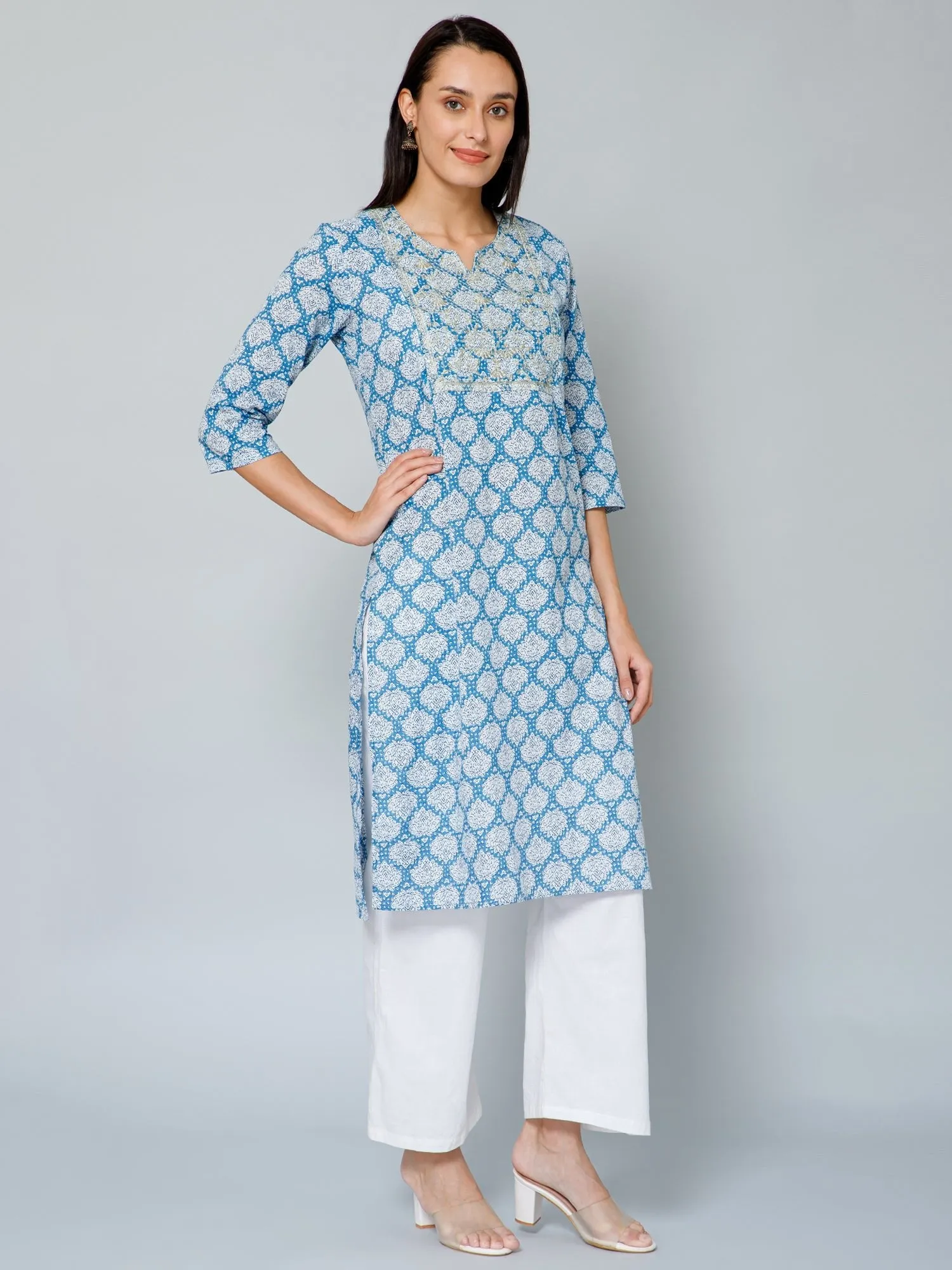 Blue and White Embroidery & Sequins Maternity Kurti