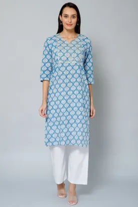 Blue and White Embroidery & Sequins Maternity Kurti