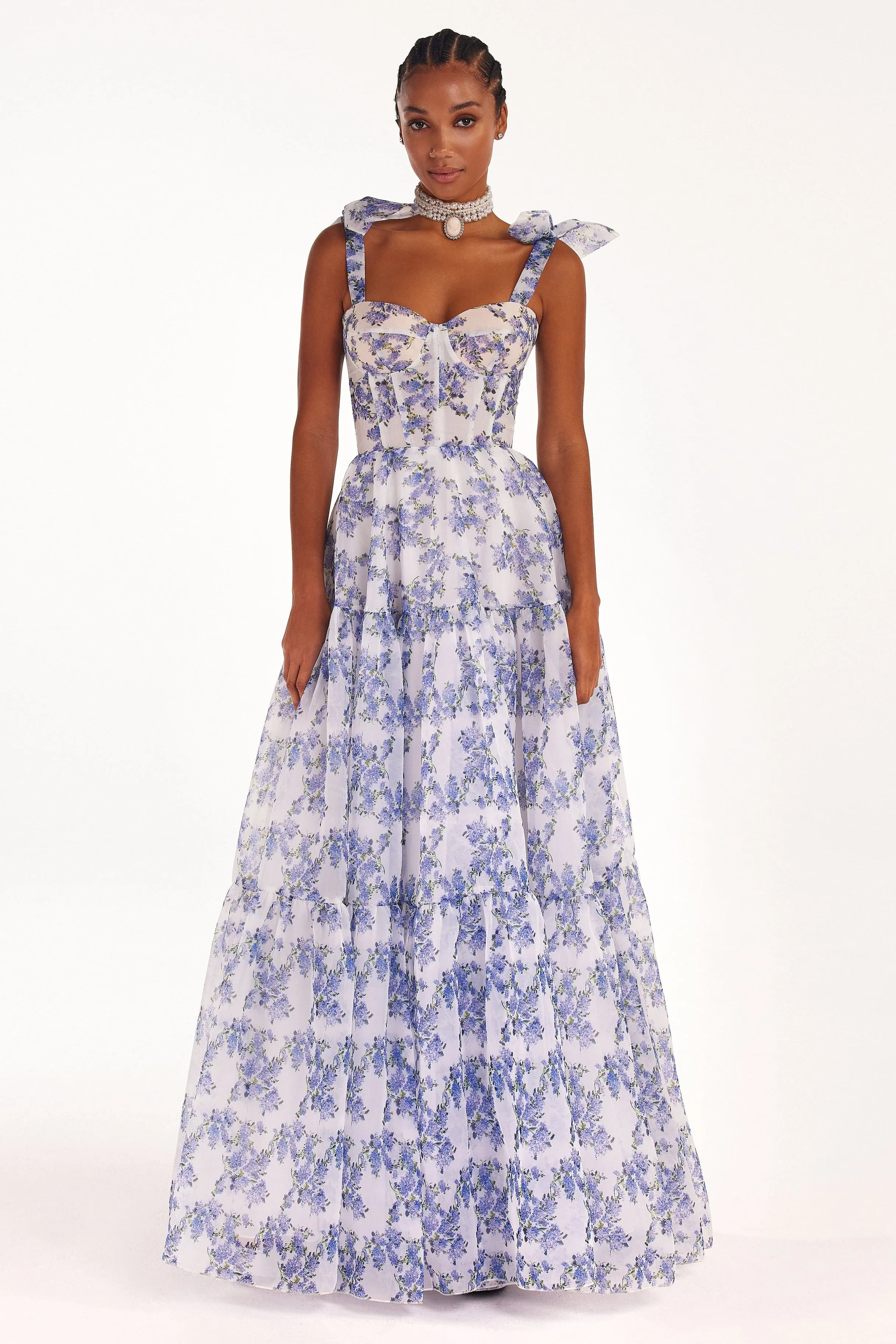 Blue Hydrangea tender tie-strap maxi dress