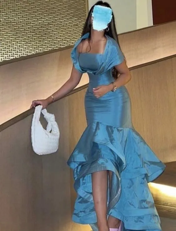 Blue Off Shoulder Mermaid Ruffles Long Evening Dress, DP2937