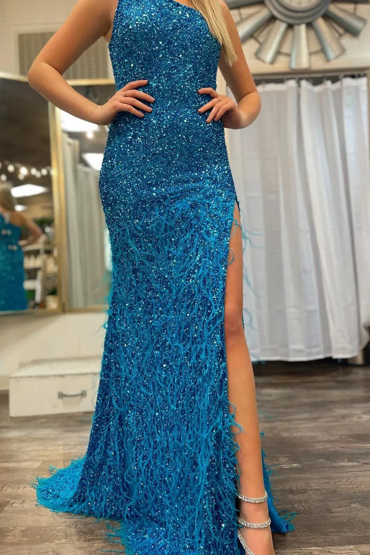 Blue One Shoulder Sequins Long Prom Dress with Feathers,DP1228