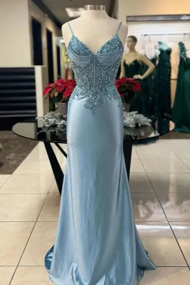 Blue Spaghetti Straps Vingtage Beading Mermaid Long Prom Dress, DP3396