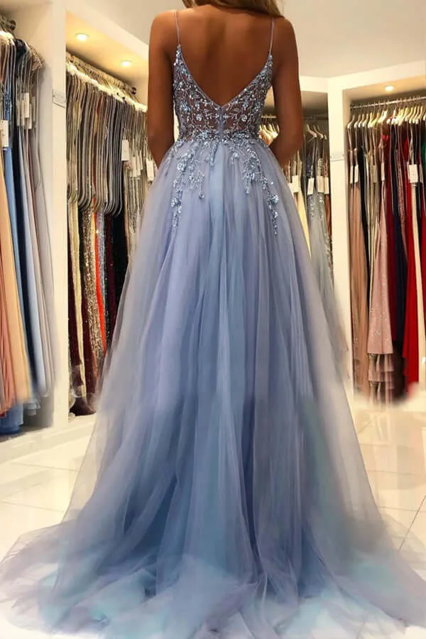 Blue Tulle A-line V-neck Beaded Long Prom Dresses, Evening Dress With Slit,evening gowns