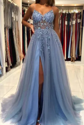 Blue Tulle A-line V-neck Beaded Long Prom Dresses, Evening Dress With Slit,evening gowns