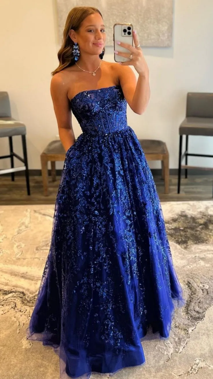 Blue/Red Strapless Sequins Long Prom Dress with Applique,DP335