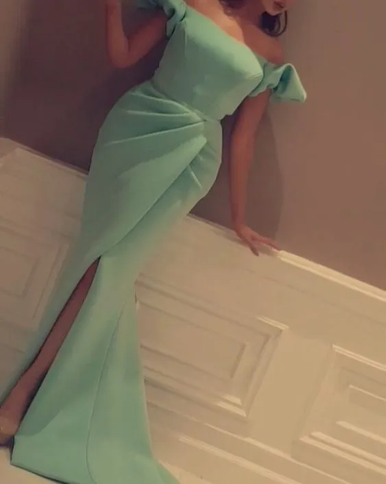 boat neck evening dresses long mermaid modest turquoise blue simple elegant evening gown