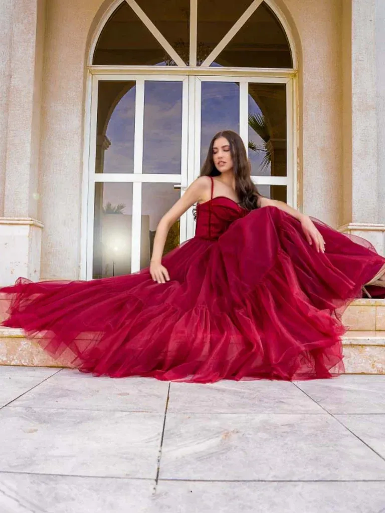 Burgundy Princess A-Line Tulle Long Prom Dress Formal Evening Dress,DP1422