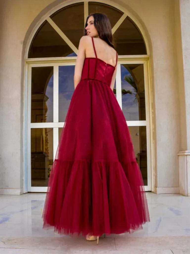 Burgundy Princess A-Line Tulle Long Prom Dress Formal Evening Dress,DP1422