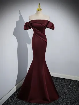 Burgundy Satin Mermaid Off Shoulder Formal Evening Party Dress, DP2468