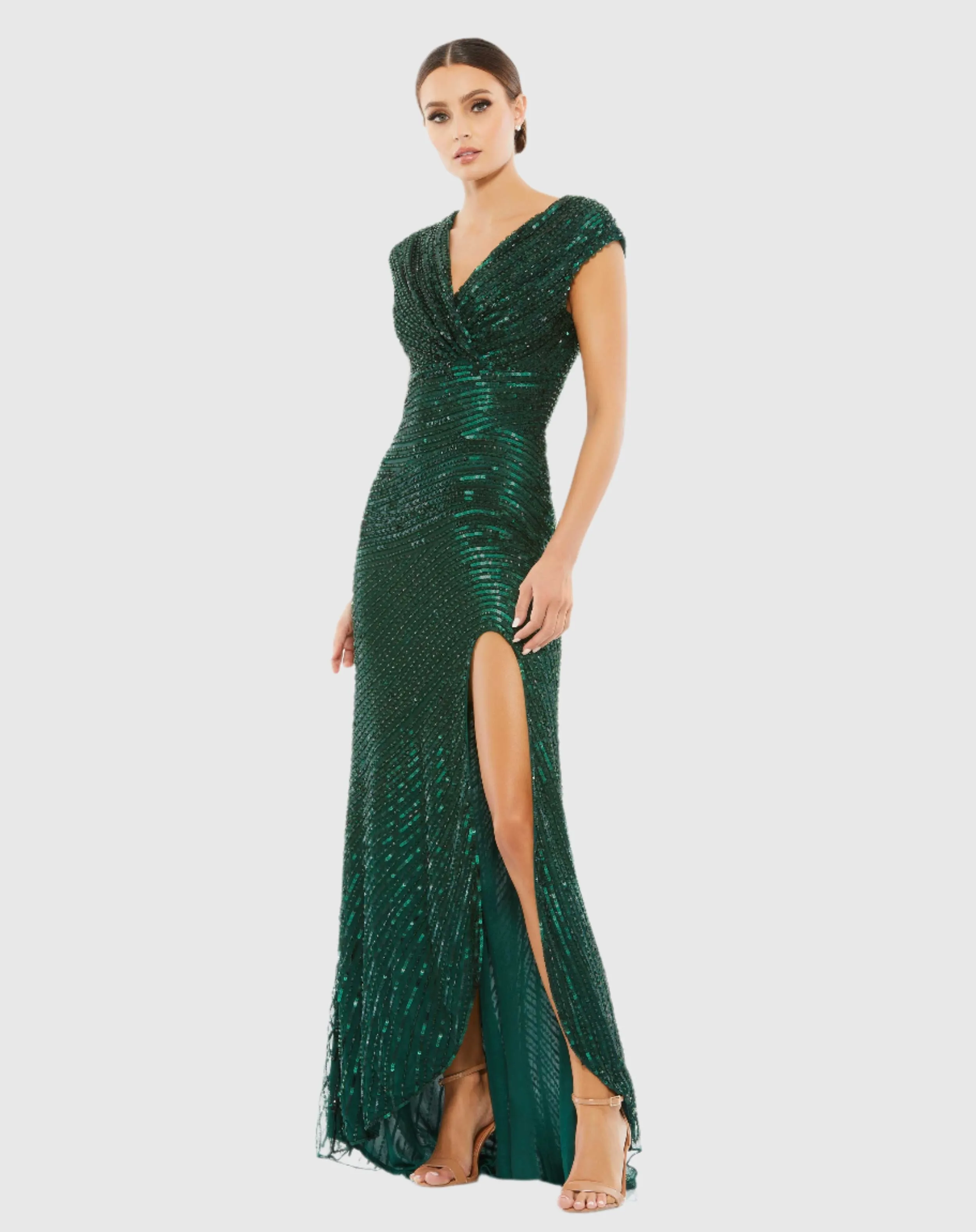 Cap Sleeve Sequined Evening Gown