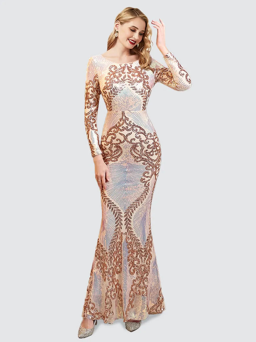 Champagne Gold Backless Long Sleeve Sequin Maxi Mermaid Evening Formal Dress