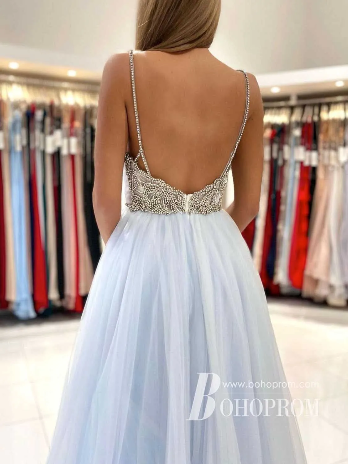 Charming A-line Spaghetti Strap Backless Tulle Long Prom Dresses With Rhine Stones PD788