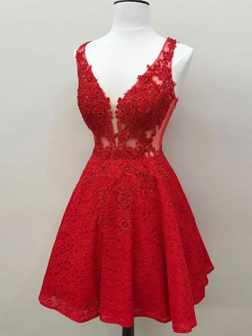 Charming Lace V-neck Neckline A-line Homecoming Dresses With Beaded Appliques HD006