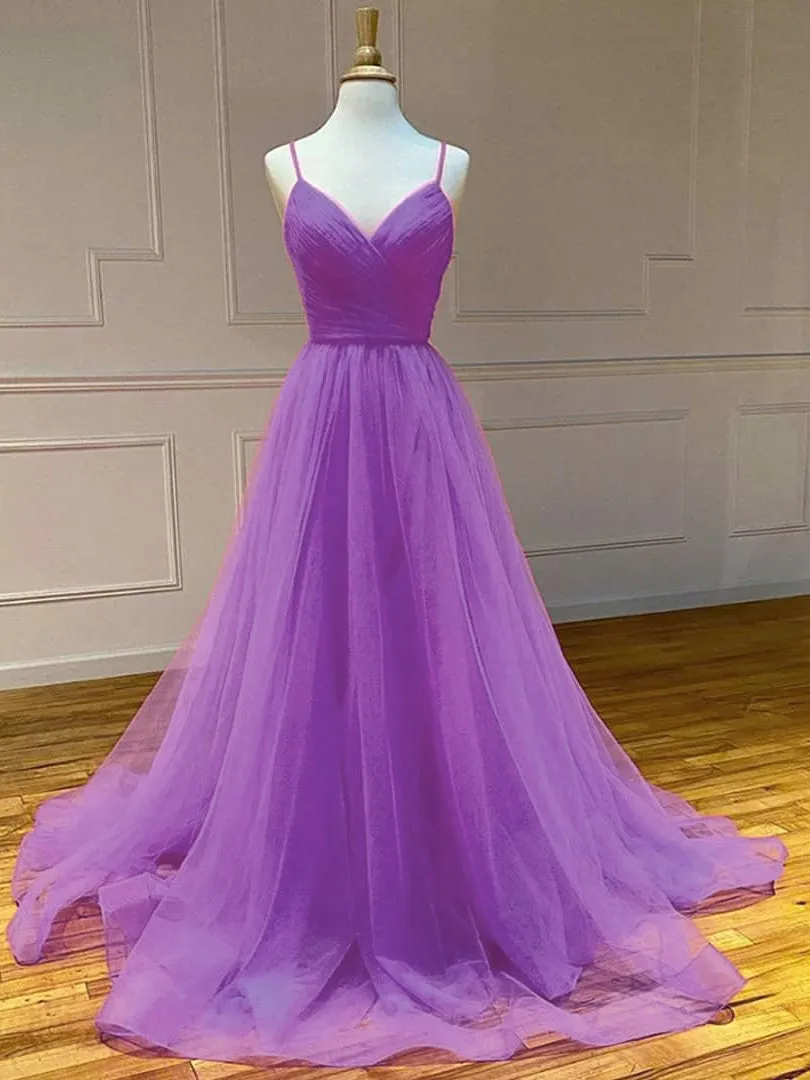 Charming Spaghetti Straps Tulle Prom Dresses Open Back A-line Gowns PD536