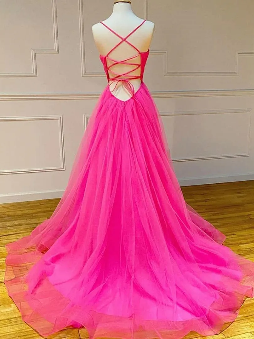 Charming Spaghetti Straps Tulle Prom Dresses Open Back A-line Gowns PD536