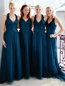 Charming Tulle Halter Neckline Sweep Train A-line Bridesmaid Dresses BD080