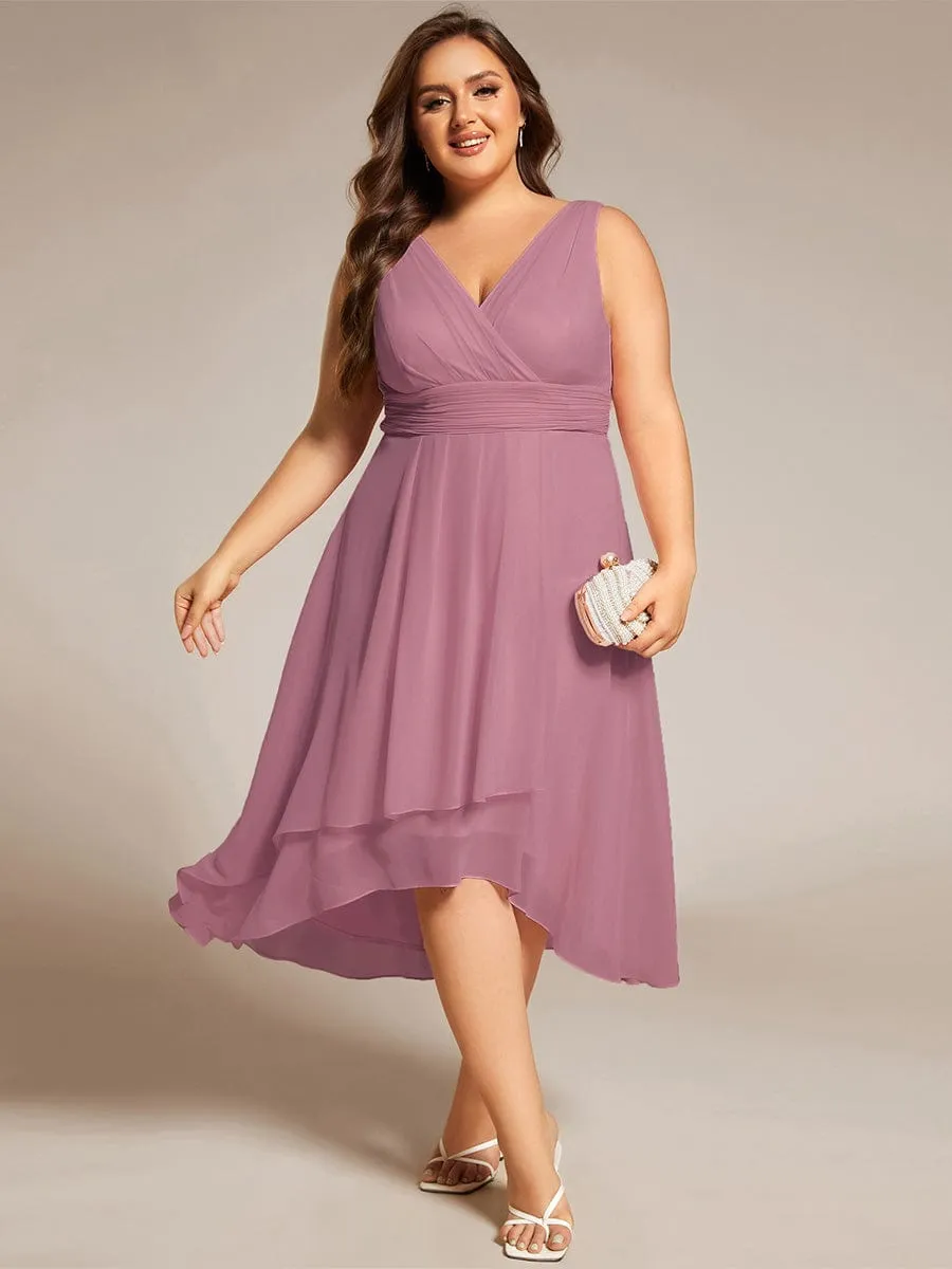 Chic V-Neck Pleated Sleeveless High-Low Chiffon Wedding Guest Dress