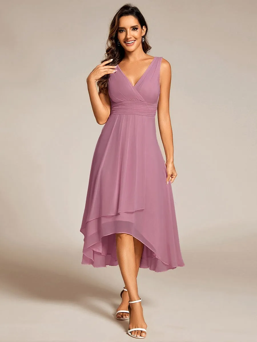 Chic V-Neck Pleated Sleeveless High-Low Chiffon Wedding Guest Dress