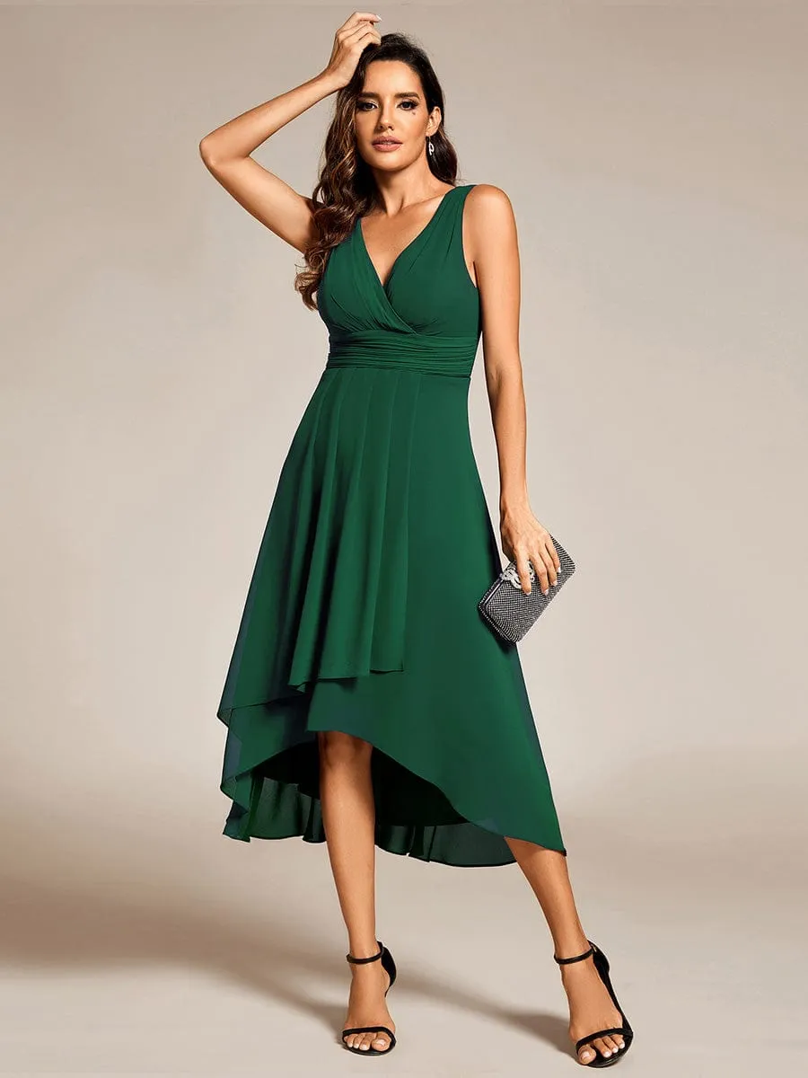 Chic V-Neck Pleated Sleeveless High-Low Chiffon Wedding Guest Dress