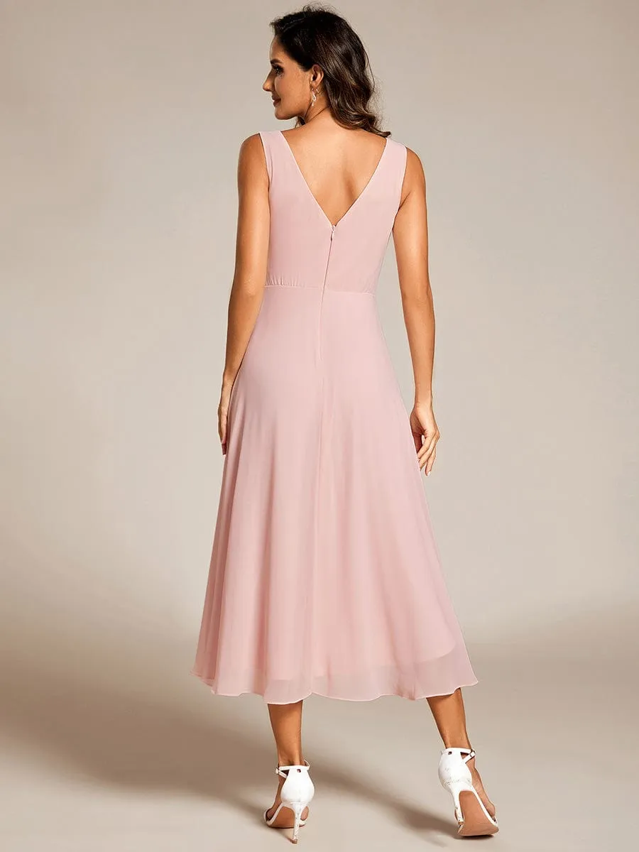 Chic V-Neck Pleated Sleeveless High-Low Chiffon Wedding Guest Dress