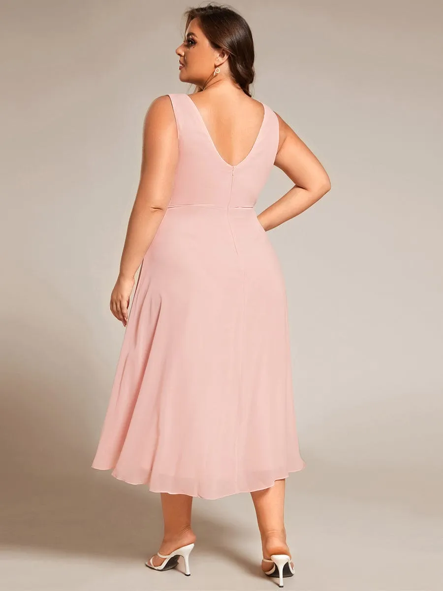 Chic V-Neck Pleated Sleeveless High-Low Chiffon Wedding Guest Dress