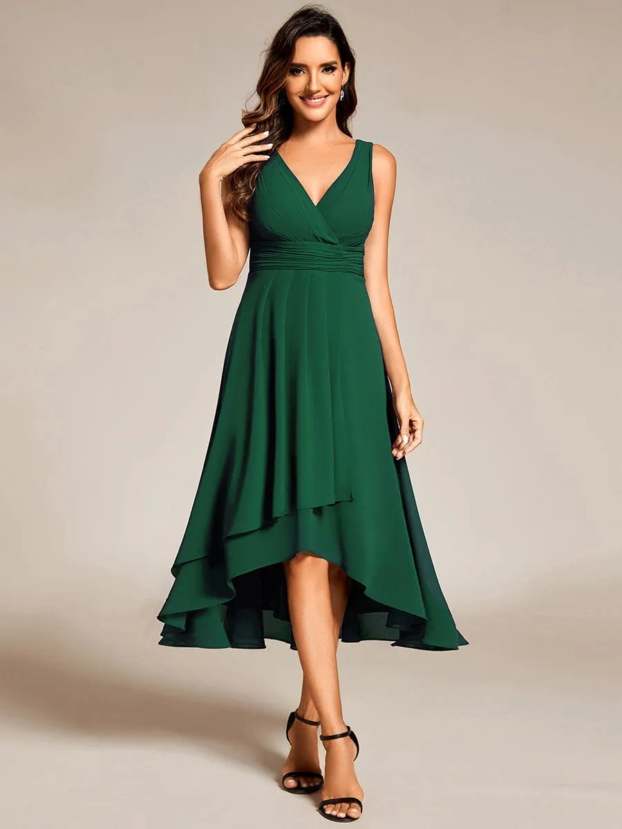 Chic V-Neck Pleated Sleeveless High-Low Chiffon Wedding Guest Dress