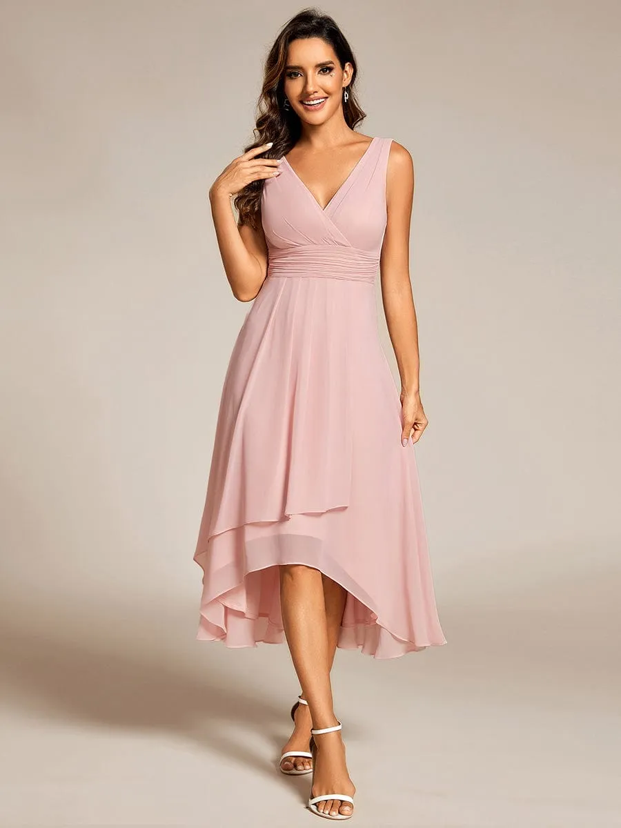 Chic V-Neck Pleated Sleeveless High-Low Chiffon Wedding Guest Dress