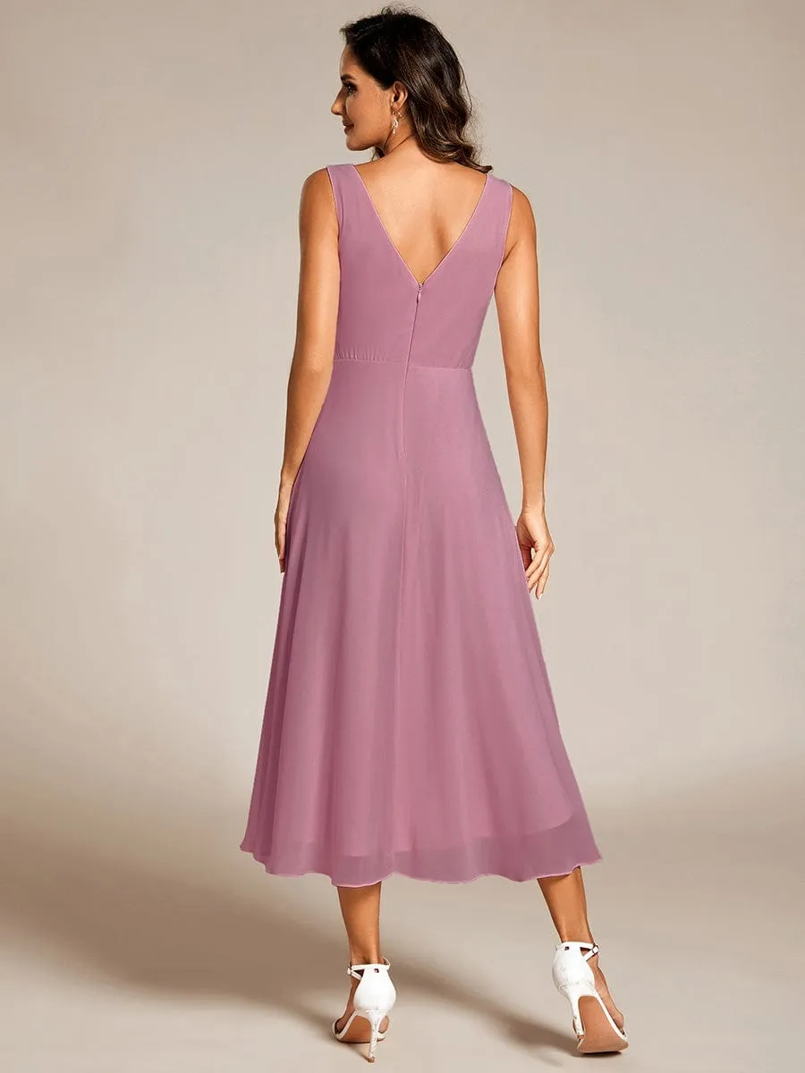 Chic V-Neck Pleated Sleeveless High-Low Chiffon Wedding Guest Dress