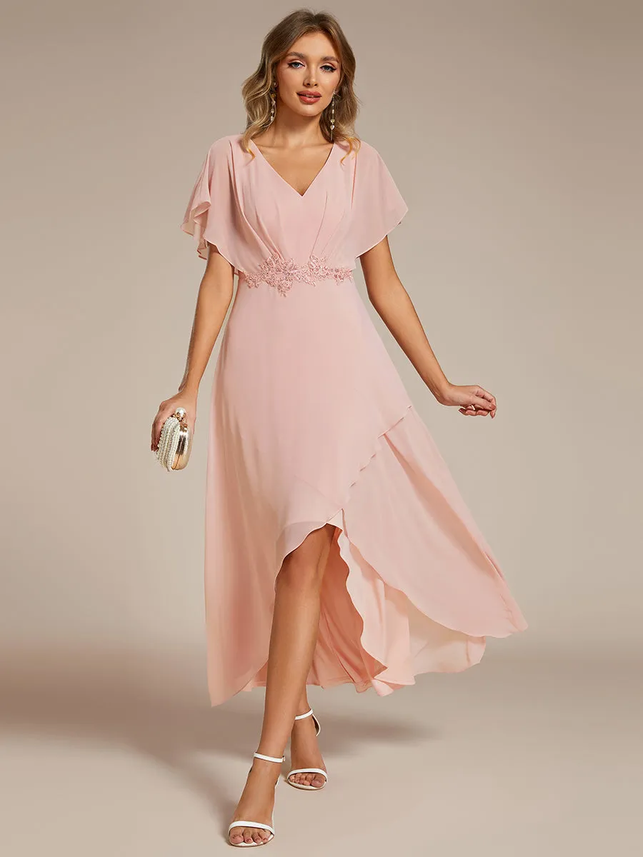 Chiffon Appliques High-low Evening Dress with Short Sleeves