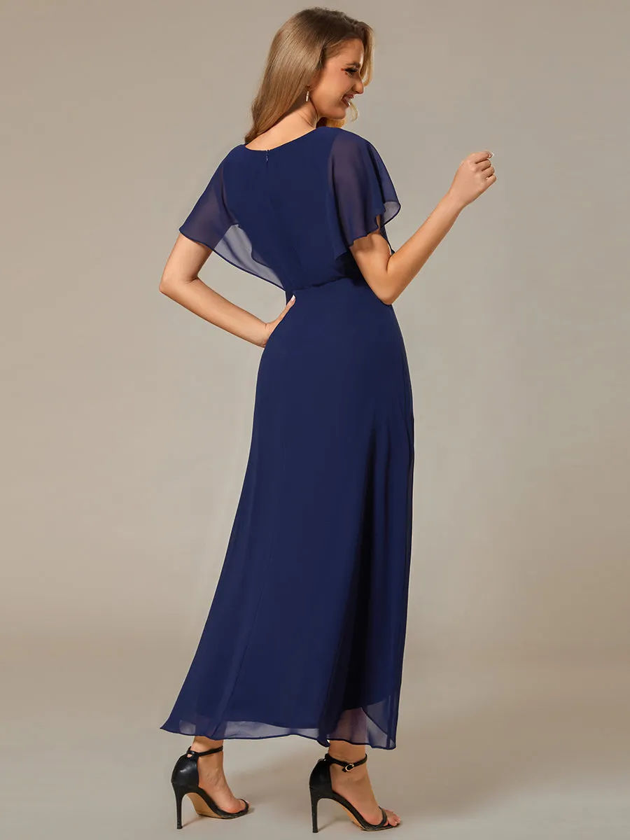 Chiffon Appliques High-low Evening Dress with Short Sleeves