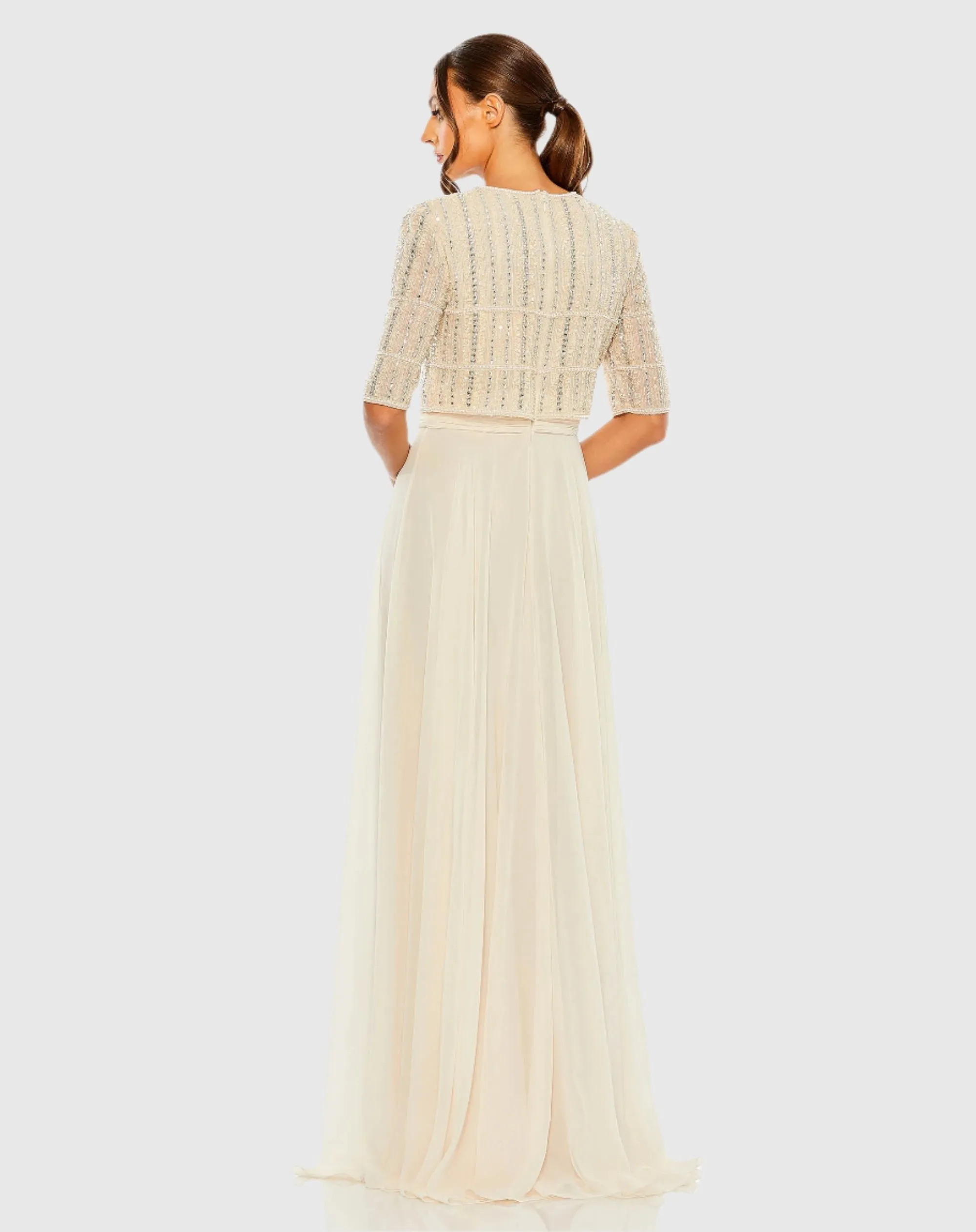 Chiffon Gown w/ Fully Beaded 3/4 Sleeve Top