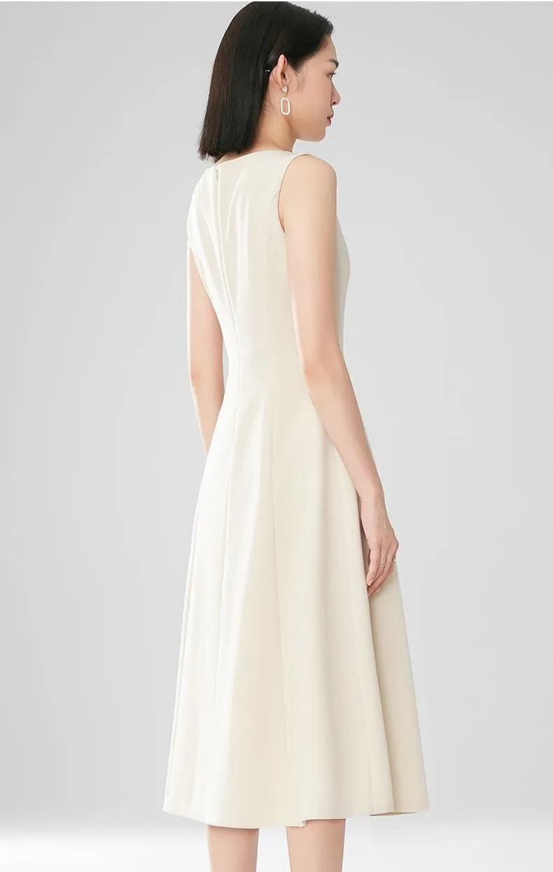 Classic Ivory Round Neck High Waist Sleeveless Dress