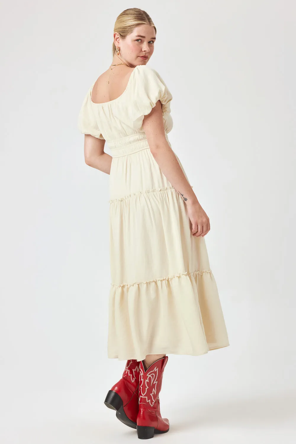 Cream Ruched Midi Dress