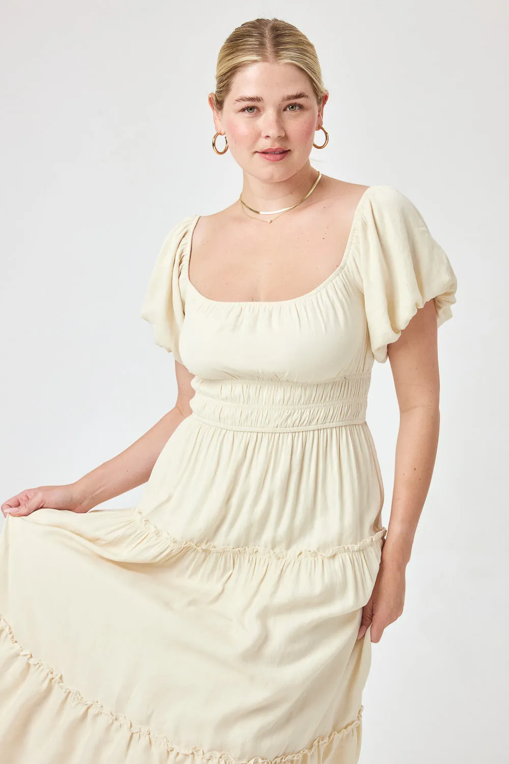 Cream Ruched Midi Dress