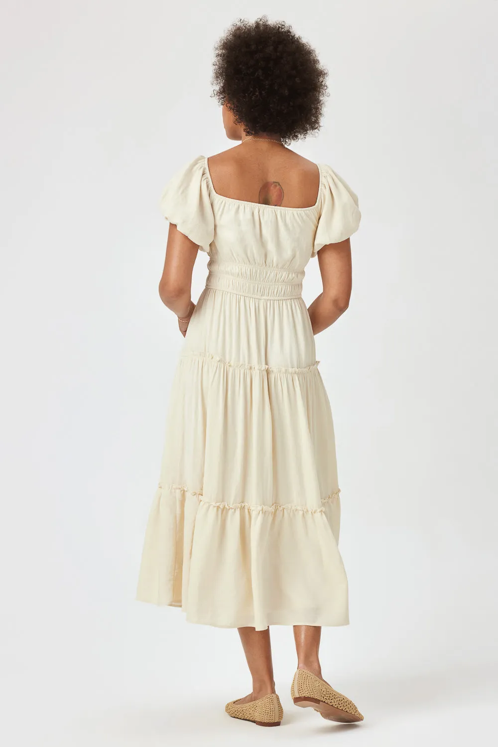 Cream Ruched Midi Dress